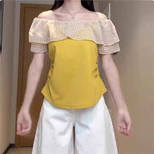 大码 上衣 别致一字领拼接格子纯棉T恤女夏季 胖MM显瘦收腰褶皱短袖