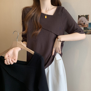 上衣潮 大码 胖mm高级感斜领针织短袖 T恤女夏季 显瘦宽松设计感半袖