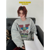 加绒情侣长袖 卫衣女秋冬新款 圆领宽松2025潮牌字母印花T恤中长款