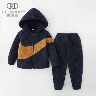 儿童冬季睡衣加绒加厚款家居服珊瑚绒三层夹棉男童连帽睡衣海岛绒