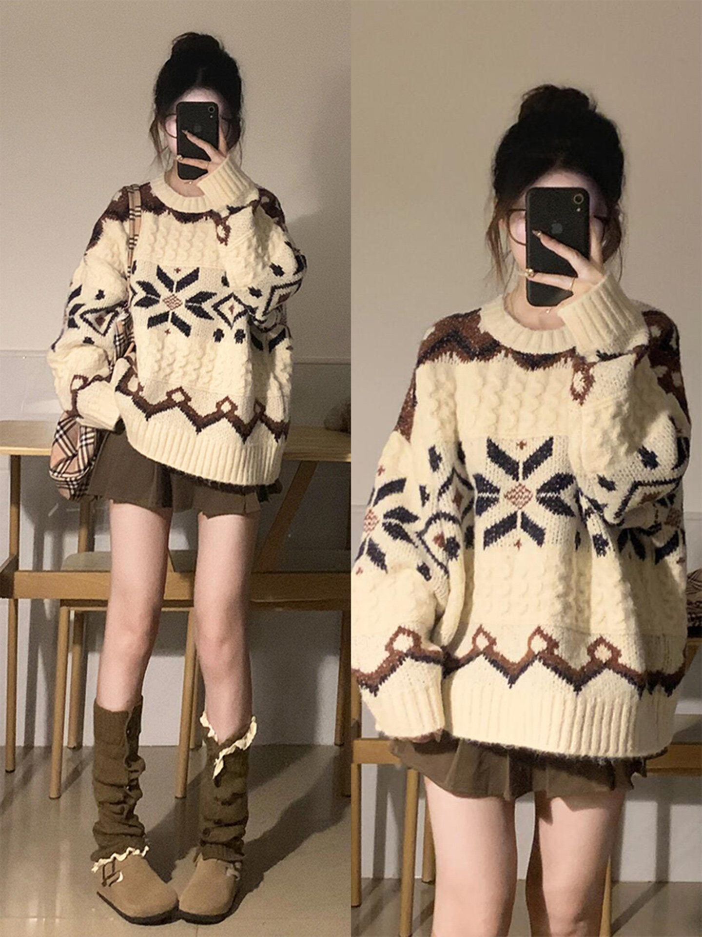 费尔岛毛衣女秋冬季加厚宽松慵懒风设计感套头针织衫圣诞穿搭外套