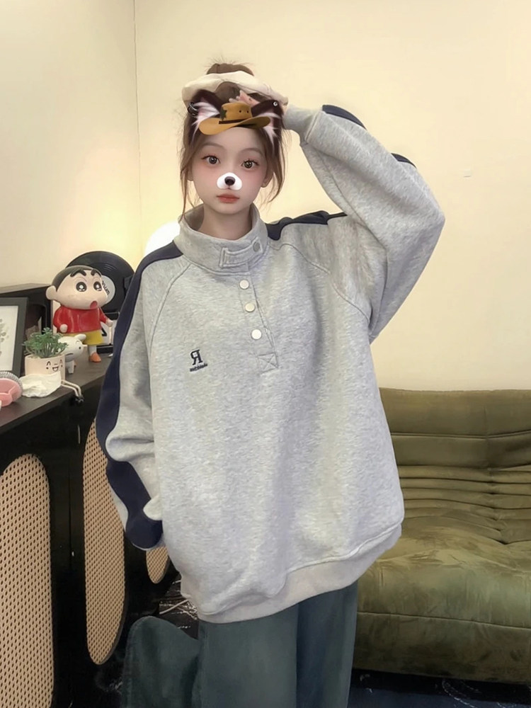 Stand-collar gray women's sweatshirt, autumn and winter fleece, thickened, American high street style, oversized, no hood, trendy brand, high-end feel top