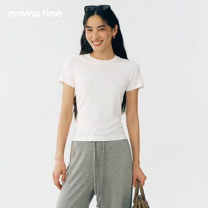 movingtime裸感瑜伽短袖女修身显瘦吸湿排汗普拉提训练跑步健身T