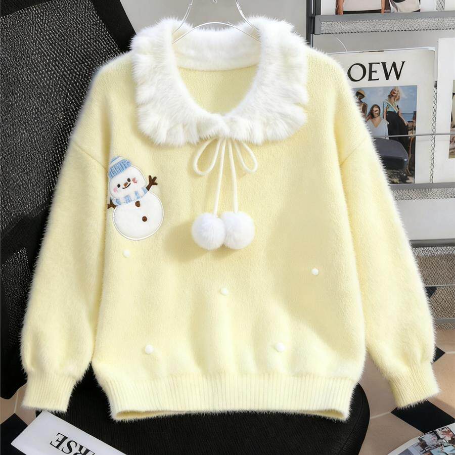 软糯奶呼呼甜美毛衣女秋冬慵懒风娃娃领针织衫高初中学生大童上衣