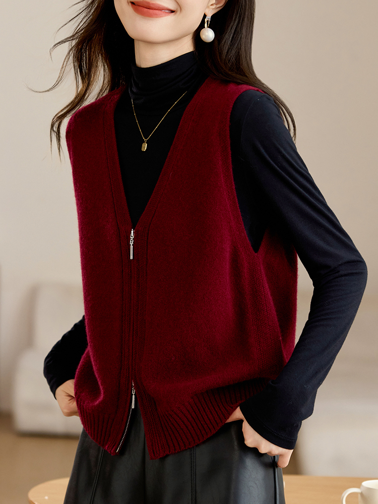 v领双拉炼针织马甲女春秋季叠穿无袖毛衣坎肩100%纯羊毛背心开衫