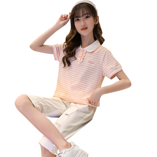 女童夏季短袖POLO衫上衣翻领棒球服网球服棉质中大童条纹衫运动潮