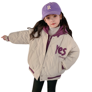 冬季儿童女童加厚棉衣短款夹棉夹克外套假两件连帽菱形格保暖棉袄