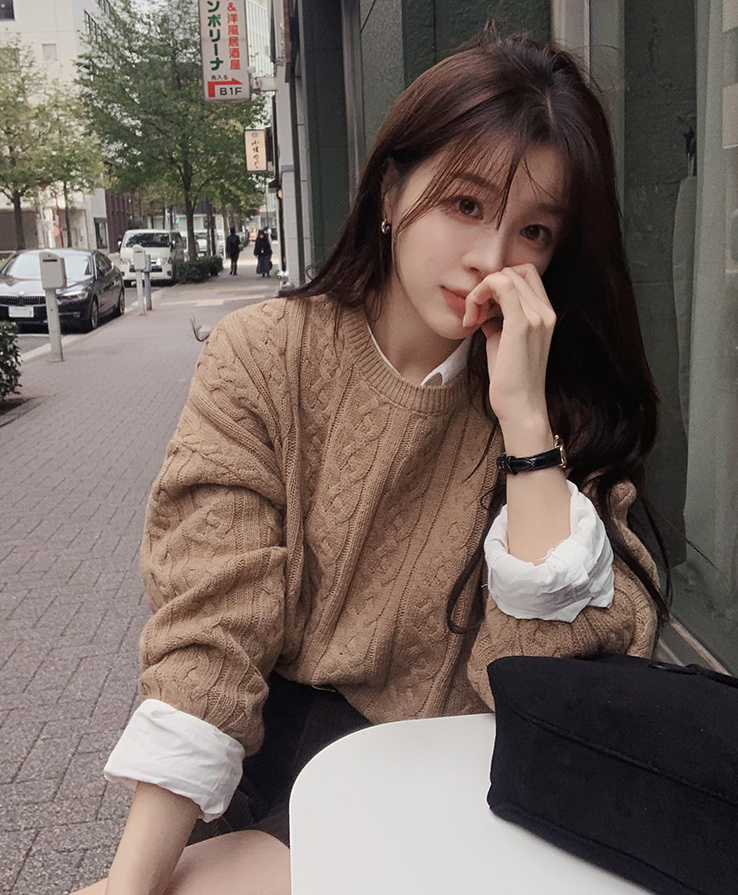 Slowand韩国官网自制女装代购23冬经典百搭款圆领麻花纹针织衫