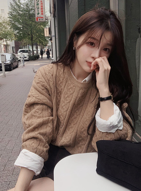Slowand韩国官网自制女装代购23冬经典百搭款圆领麻花纹针织衫