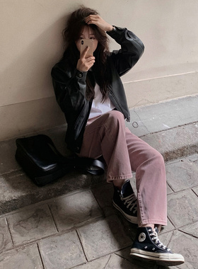 Slowand韩国官网自制女装代购22秋 流行复古百搭粉色牛仔裤