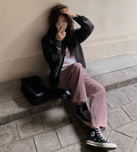 Slowand韩国官网自制女装代购22秋 流行复古百搭粉色牛仔裤