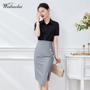 黑色衬衫女职业 灰色不规则半身裙 夏季职业套装OL通勤女装工作服