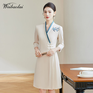 国风连衣裙小个子酒店售楼工装裙茶艺师工作服刺绣职业连衣裙女夏