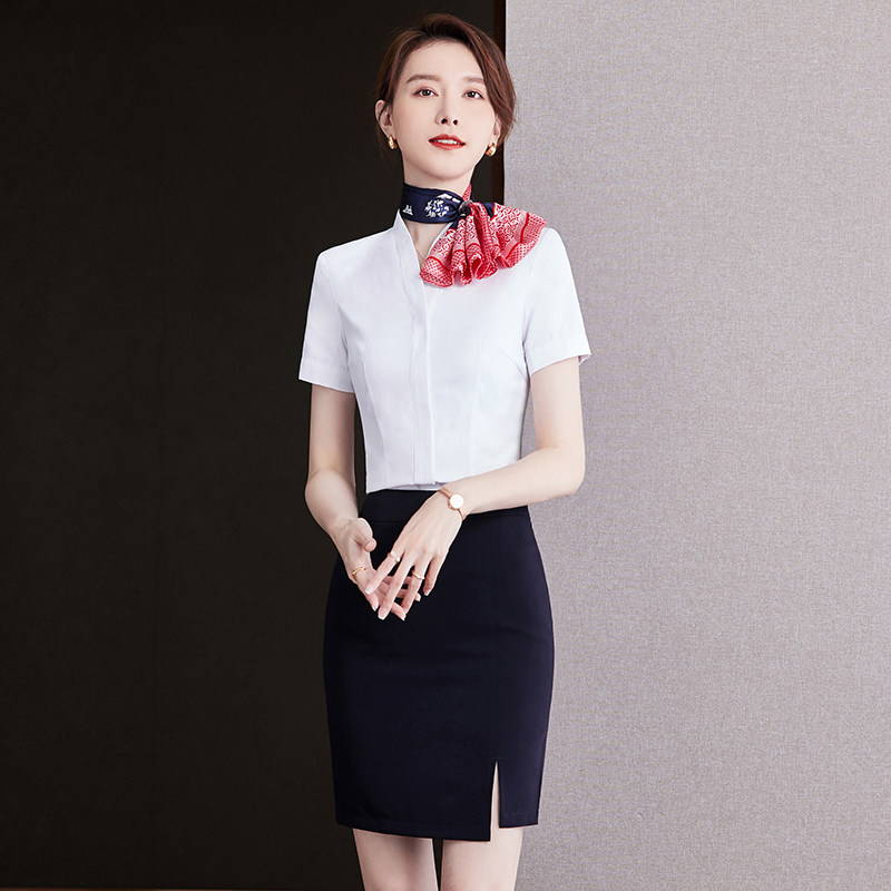 2024夏职业套装短袖白衬衫包裙珠宝店酒店前台售楼部工作服女
