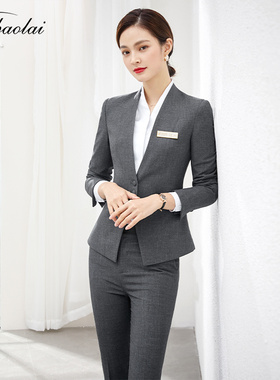 灰色职业套装女春秋餐饮酒店导购工作服公务员V领套装售楼部工装