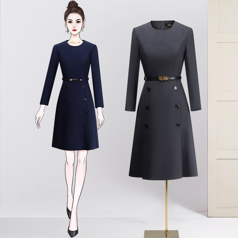 连衣裙工作服春秋售楼美容院工装裙职业连衣裙幼师面试连衣裙通勤