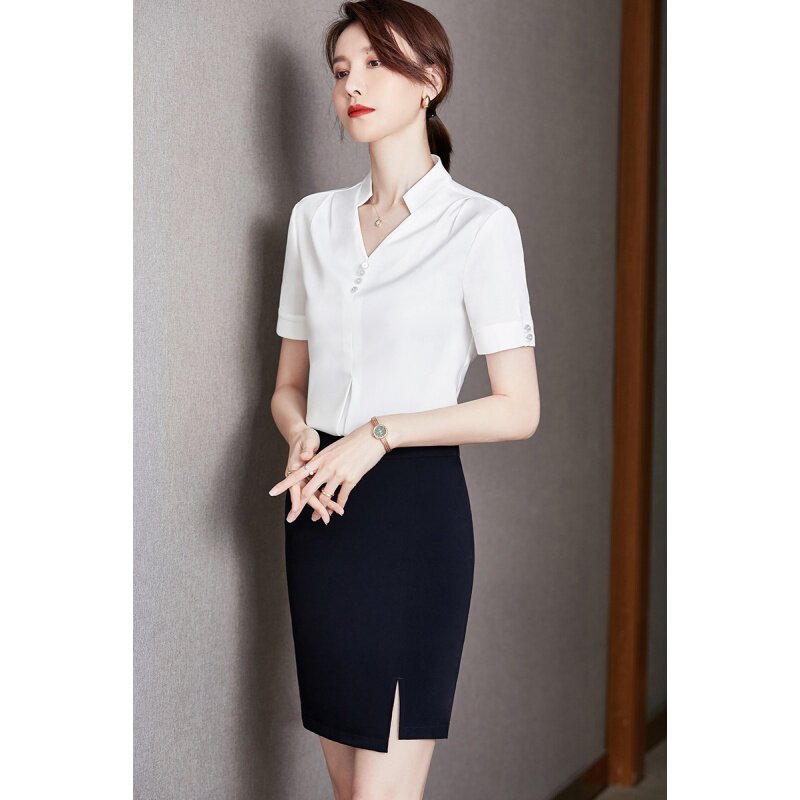 职业衬衫女夏白色V领短袖售楼部工作服面试商务正装OL通勤衬衣薄