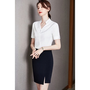 职业衬衫女夏白色V领短袖售楼部工作服面试商务正装OL通勤衬衣薄