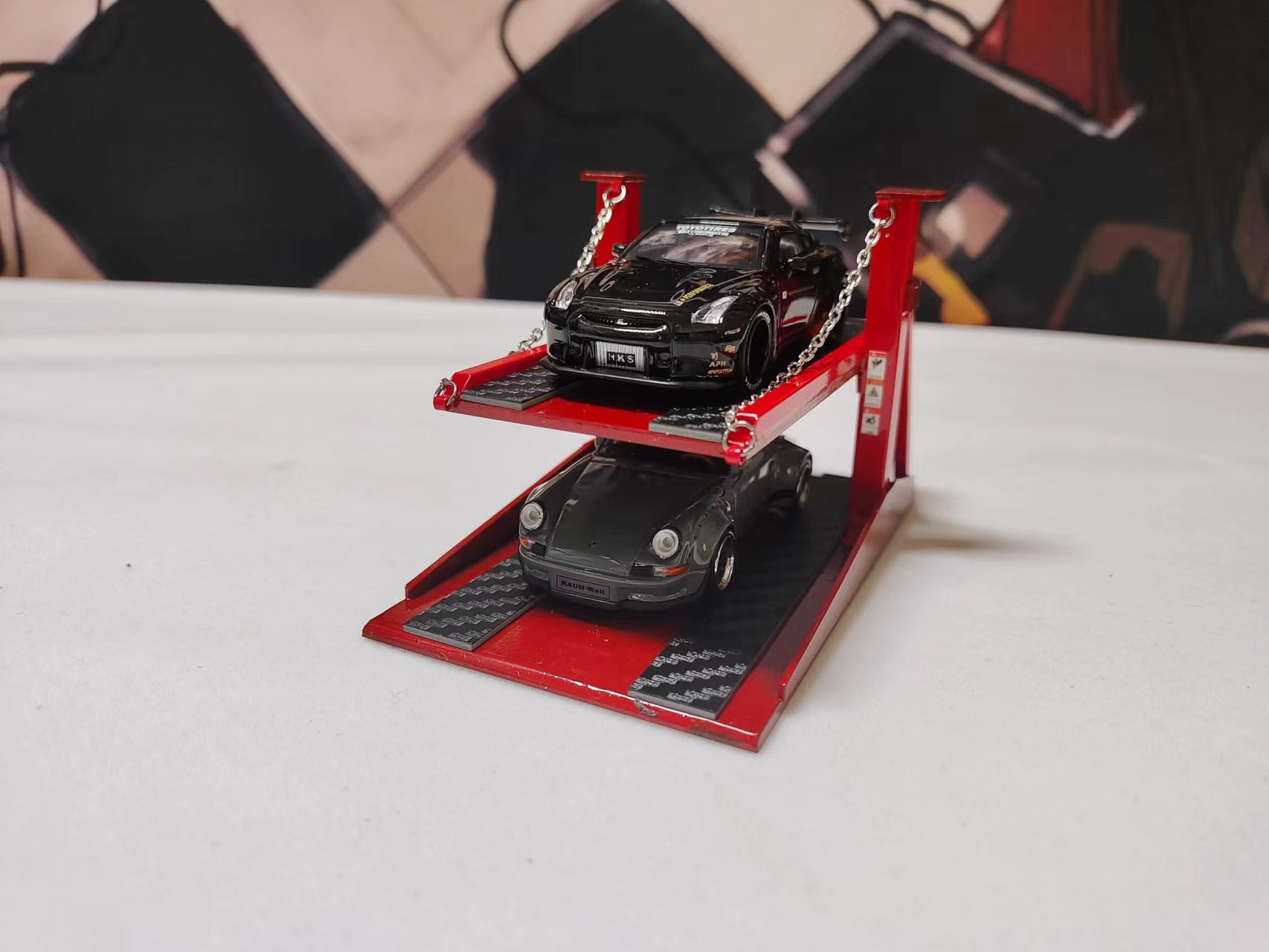 1:64 双层升降机 汽车模型场景 液压支撑 锁链 仿真停车架 场景