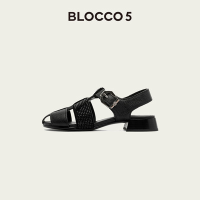 BLOCCO5罗马凉鞋女夏季新品优雅高级荔枝纹牛皮凉鞋