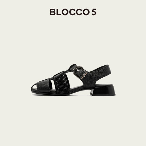 BLOCCO5罗马凉鞋女夏季新品优雅高级荔枝纹牛皮凉鞋