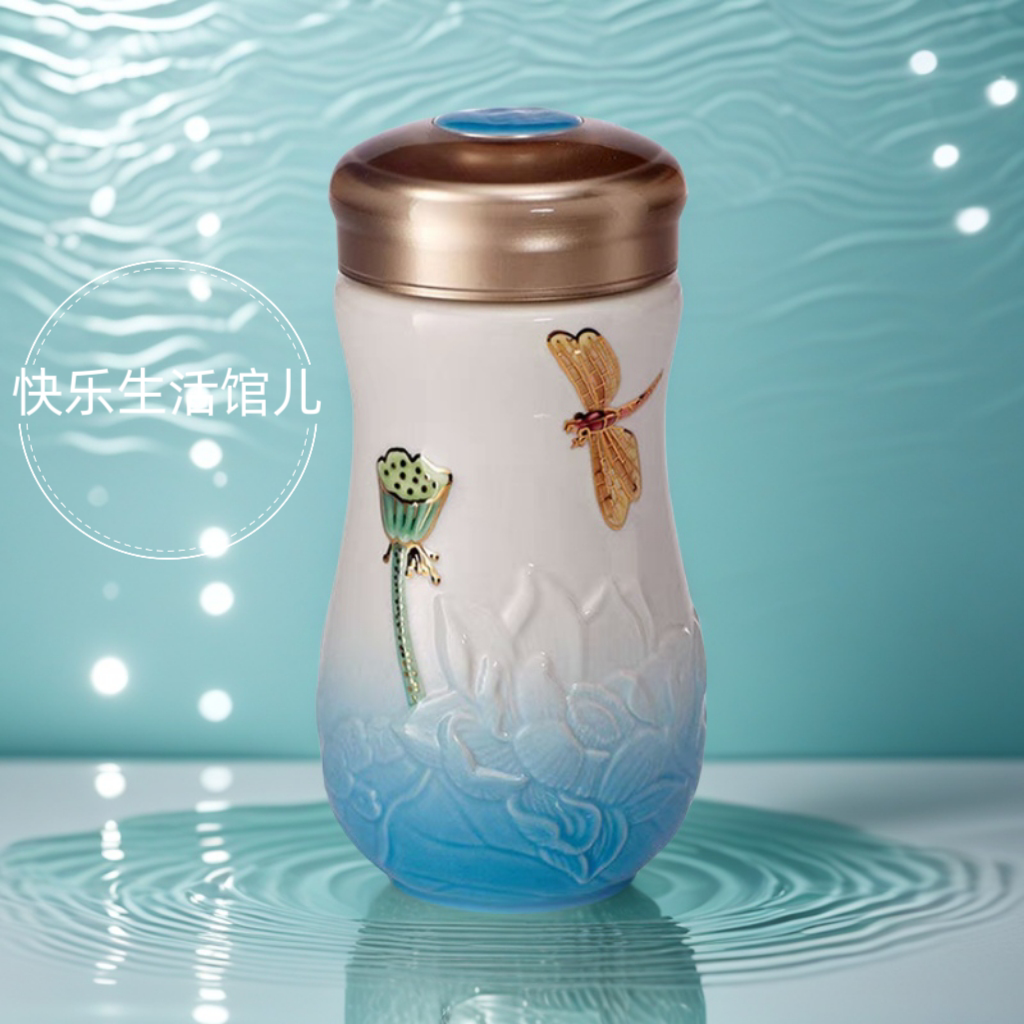 乾唐轩陶瓷水杯 蜻蜓夏荷 单层400ml 礼盒装高档(可议价)