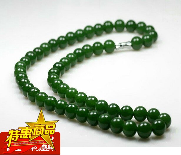 玉翡缘玉器和田碧玉圆珠项链玉项坠玉链子菠菜绿男女款10mm图片