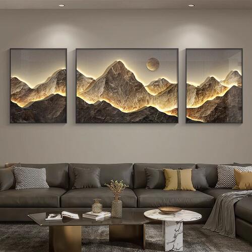 背靠金山客厅装饰画现代轻奢三联挂画沙发背景墙组合高档山水壁画