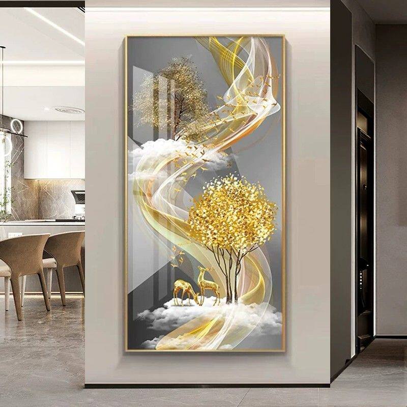 玄关装饰画轻奢高档现代走廊壁画正对门墙画晶瓷立体镶钻竖版挂画
