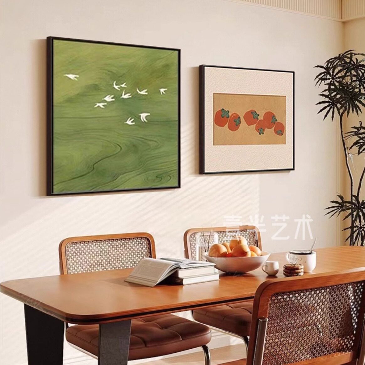 柿柿如意中古风绿色风景画客厅装现代装饰画