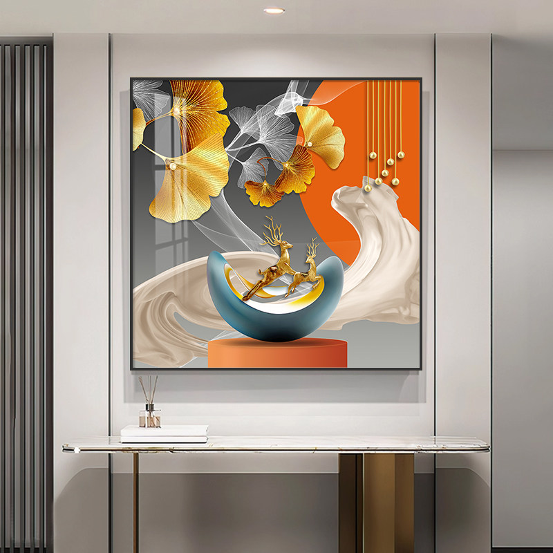 现代简约客厅装饰画 正方形玄关挂画 发财鹿主题70x70cm晶瓷镶钻