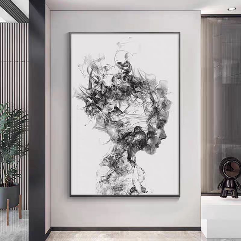 理发店装饰画发廊网红美发店黑白灰风格抽象艺术人物壁画墙面挂画