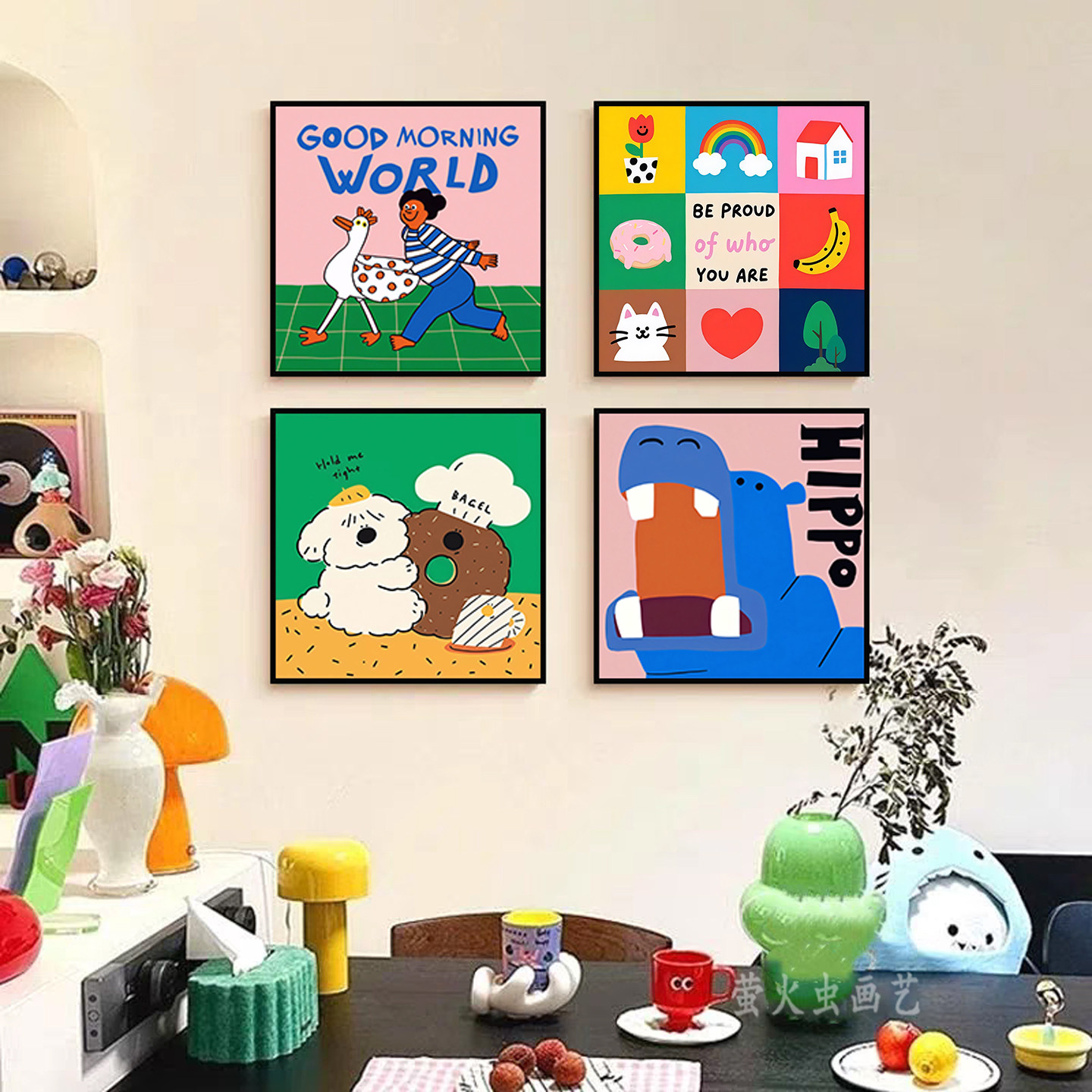 多巴胺组合餐厅装饰画治愈系卡通餐桌背景墙挂画小众艺术玄关壁画
