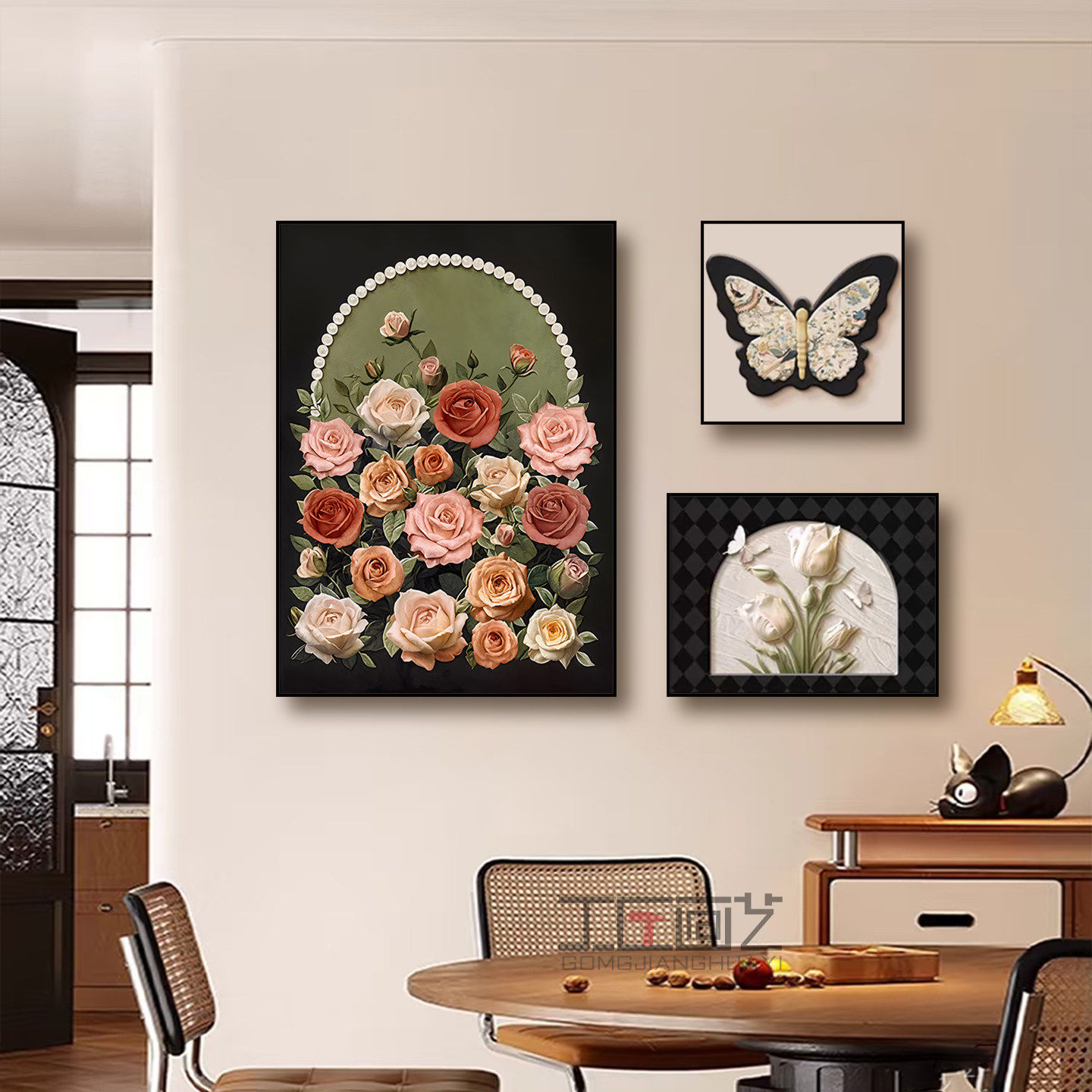 高级感中古风餐厅装饰画法式斗柜餐桌背景墙挂画艺术组合饭厅壁画