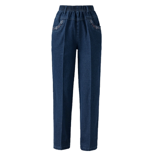 酷太太中老年牛仔裤女蓝色大码弹力高腰妈妈直筒裤加大加肥奶奶裤