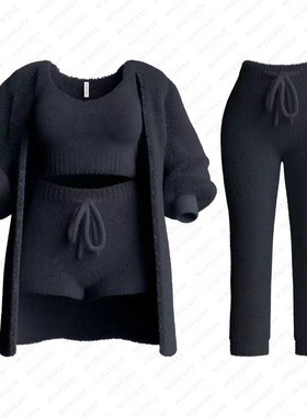 Women knitted plush jacket+vest+shorts+pants four piece set
