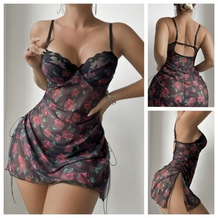 Sexy lingerie printed camisole skirt backless dress女睡裙衣