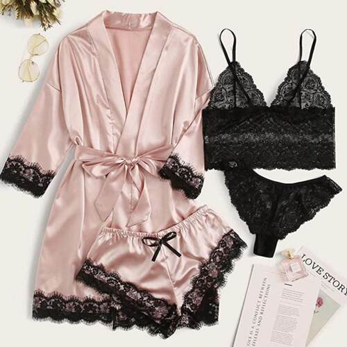 Satin Pajama Set With Robe Women Sleep wear Suit Sexy pajama