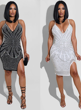 Women's Clothing Sparkle Deep V Neck Sequins Evening Dresses