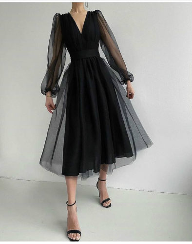 Black Dress Women's Small 2021 New Summer Ruffles V-neck xl