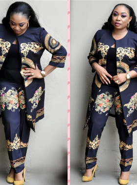 Plus Size women fashion Print mid-sleeve jacket + pantsuit