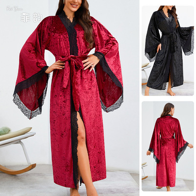 Women elongated lace long sleeved bathrobe女加长蕾丝长袖浴袍