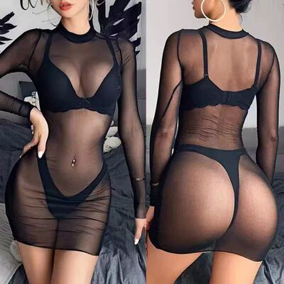 Sexy lingerie long sleeved mesh transparent nightgown女睡裙