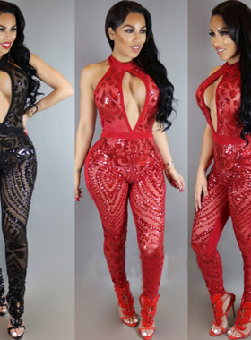 The new Europe 2024 ms sequins jumpsuits妇女亮片性感连体裤