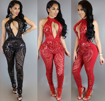 The new Europe 2024 ms sequins jumpsuits妇女亮片性感连体裤