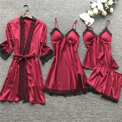 4 Pieces Pajamas Sets Satin Sleepwear Women Silk Nightwear P