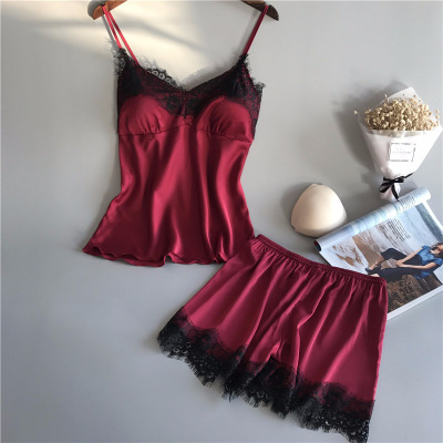Sexy sleepwear silk camisole vest+shorts two-piece set睡衣女