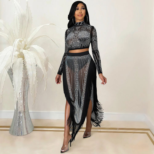 Evening Birthday Dress women two pieces sets black mesh 长裙
