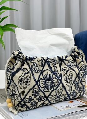 手作纸巾盒纸巾套棉麻化妆包法式中古风车载抽纸收纳抽绳收纳袋