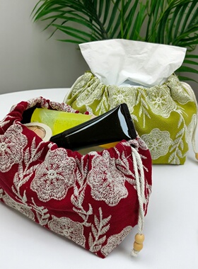 手作纸巾盒抽绳收纳袋法式中古风车载抽纸收纳纸巾套棉麻化妆包